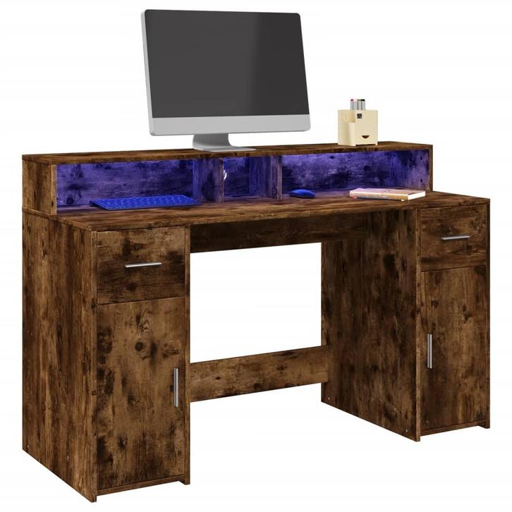 vidaXL Bureau met LED-verlichting 140x55x91 cm hout gerookt, Huis en Inrichting, Bureaus, Nieuw, Verzenden