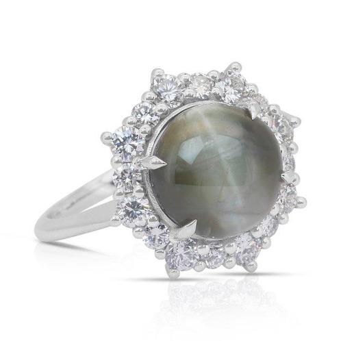 Ring - 18 karaat Witgoud - 6.71ct. tw. Kattenoog, Handtassen en Accessoires, Ringen