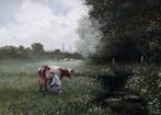De Knuit (?-2006) - Landelijk tafereel met koemelkende boer, Antiek en Kunst, Kunst | Schilderijen | Klassiek