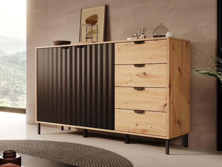 Meubella Dressoir 157x40x93 zwart eiken | Opbergkast, Huis en Inrichting, Kasten | Dressoirs, 25 tot 50 cm, Nieuw, 150 tot 200 cm