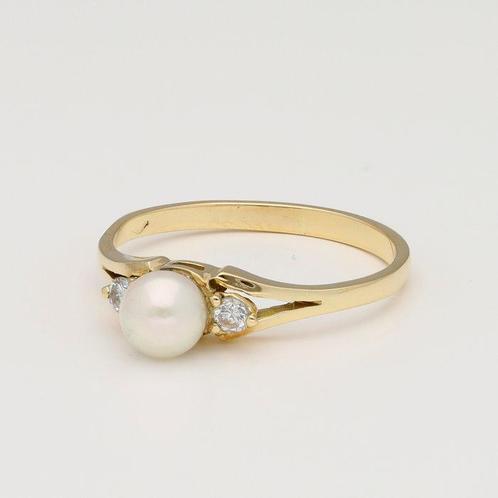 Ring - 18 karaat Geel goud Parel - Diamant, Handtassen en Accessoires, Ringen