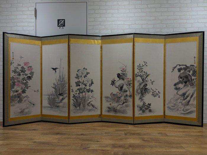 Kamerscherm - Hout, Textiel, Papier, Prachtig zespaneels, Antiquités & Art, Antiquités | Autres Antiquités