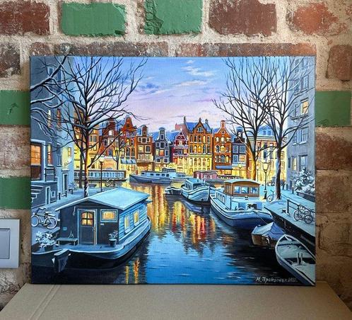 Marin Prokopchuk (XX) - Winter evening in Amsterdam, Antiek en Kunst, Kunst | Schilderijen | Klassiek