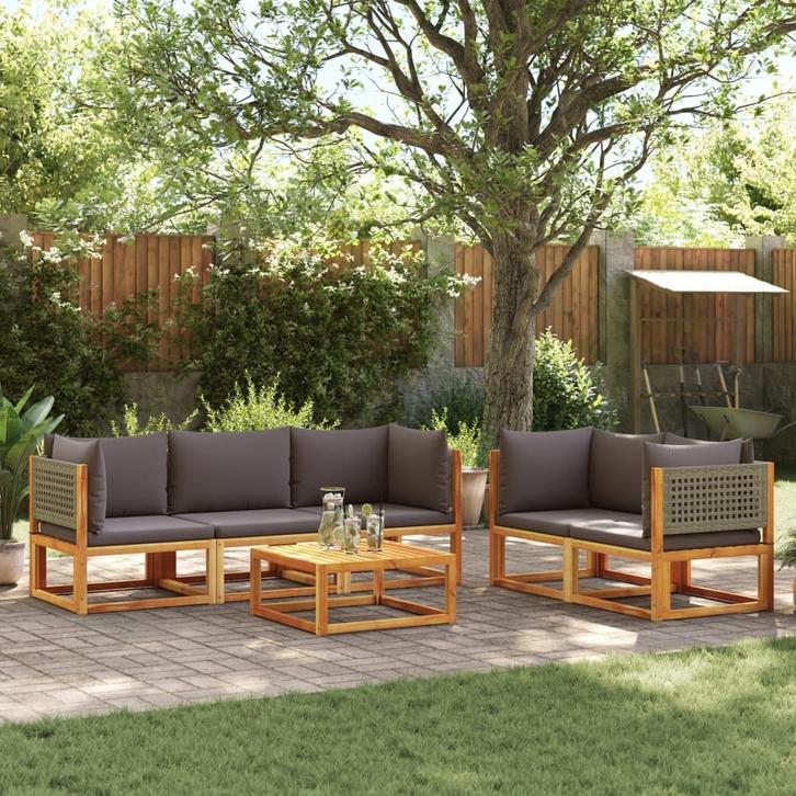 vidaXL 6-delige tuinbankset met kussens acaciahout & rotan, Tuin en Terras, Tuinsets en Loungesets, Nieuw, Verzenden