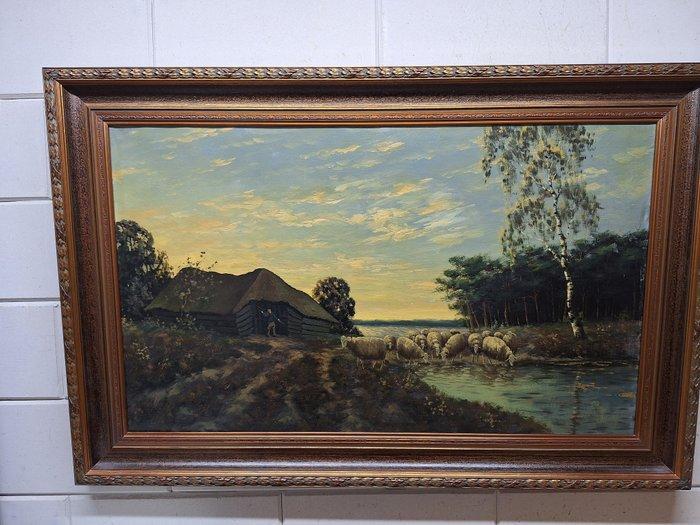 XX Eeuw - Herder met Schapen bij een Schaapskooi, Antiek en Kunst, Kunst | Schilderijen | Klassiek