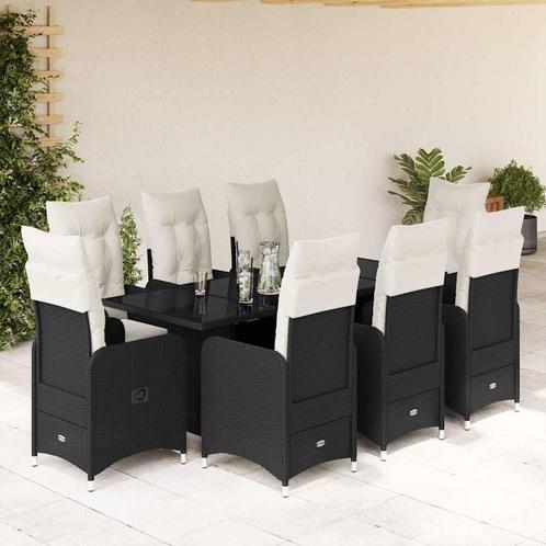vidaXL 9-delige Bistroset met kussens poly rattan zwart, Tuin en Terras, Tuinsets en Loungesets, Nieuw, Verzenden