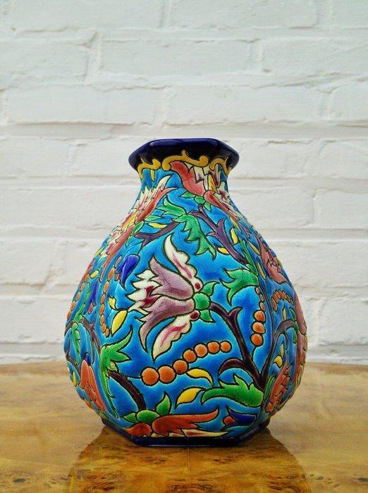 Émaux de Longwy - Vaas - 6-hoekige Art Deco vaas met, Antiek en Kunst, Antiek | Glaswerk en Kristal