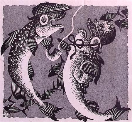 Gedachten van vissen over staking op spotprent. (Lithos), Antiek en Kunst, Kunst | Litho's en Zeefdrukken, Verzenden