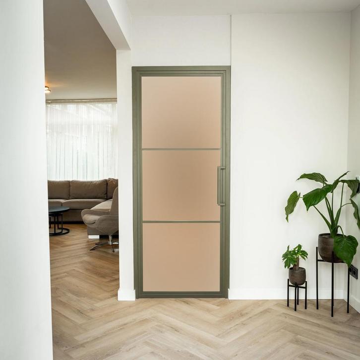 Stalen Binnendeur - Olijfgroen - 3 Vlaks - Mat glas, Doe-het-zelf en Bouw, Deuren en Vliegenramen, Nieuw, Metaal, Binnendeur, 200 tot 215 cm