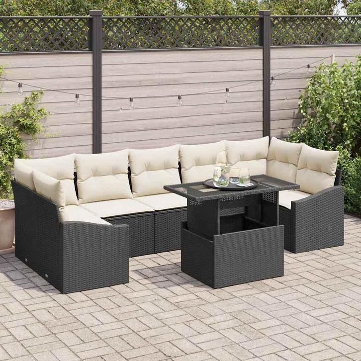 vidaXL Tuinbank Set met opslag 8 pcs Zwart Poly rattan, Tuin en Terras, Tuinsets en Loungesets, Nieuw, Verzenden