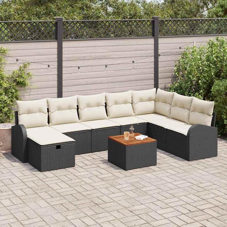 vidaXL Tuinbank Set met kussen met opslag 9 pcs Zwart Poly, Tuin en Terras, Tuinsets en Loungesets, Nieuw, Verzenden