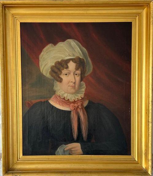 European school (XlX) - Portrait of a lady in a white hat, Antiek en Kunst, Kunst | Schilderijen | Klassiek