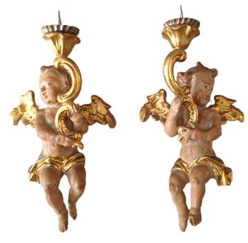 Sculpture, Paire danges céroferaire - 36 cm - Bois, Fer,