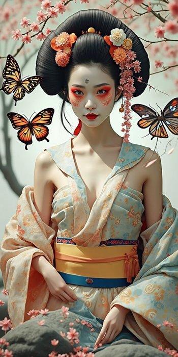 Hiroshi (1981) - Beauty Ms Butterfly Geisha Toile (XXL), Antiquités & Art, Art | Peinture | Moderne