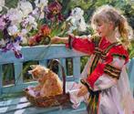 Elena Salnikova (1970) - Fillette au Chaton - Jeux dAmis, Antiek en Kunst, Kunst | Schilderijen | Klassiek