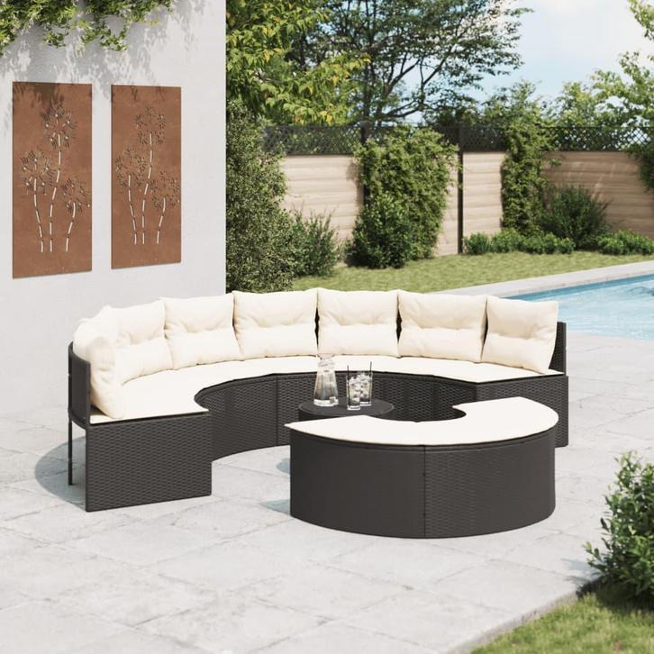 vidaXL 3-delige Loungeset halfrond poly rattan zwart, Tuin en Terras, Tuinsets en Loungesets, Nieuw, Verzenden