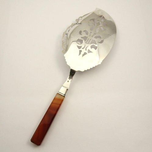 Grote Arts en Crafts (1878) visdienschep met steel van Agaat, Antiek en Kunst, Antiek | Zilver en Goud