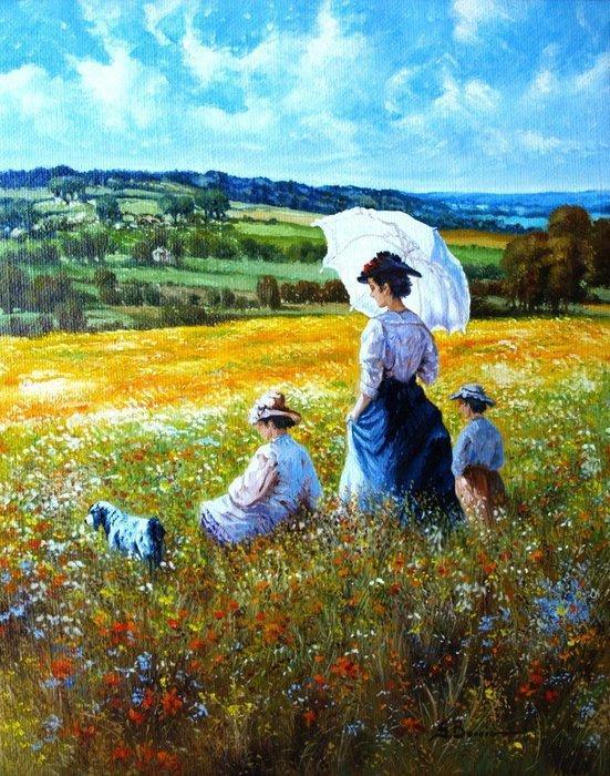 Gabriele Boccia (1959) - Passeggiata nei campi, Antiek en Kunst, Kunst | Schilderijen | Klassiek