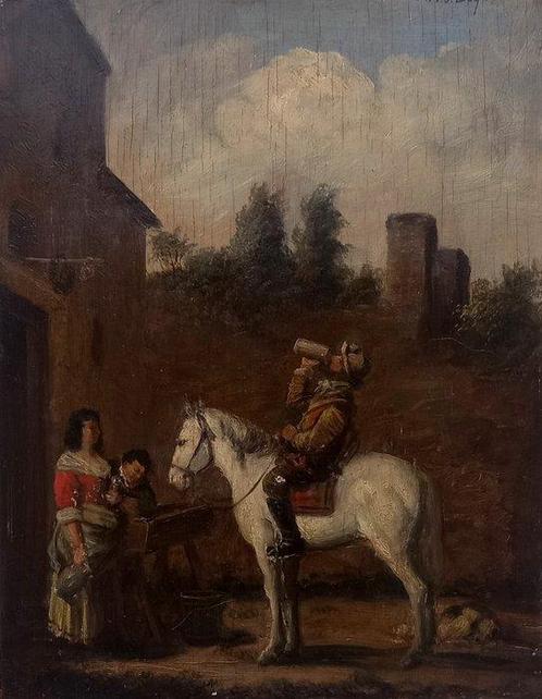 Pieter van Leyden (XVII-XVIII), Cercle de - Chevalier having, Antiek en Kunst, Kunst | Schilderijen | Klassiek