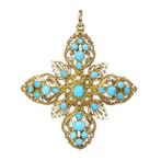 Hanger - 14 karaat Geel goud - Parel - Turquoise, Cross,