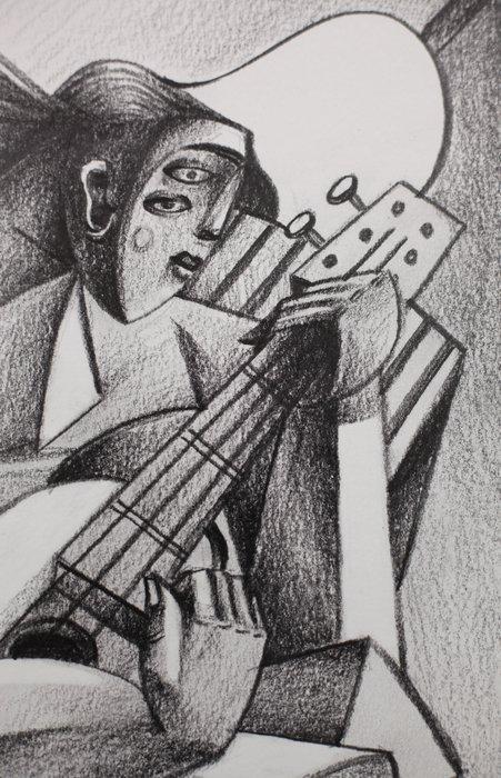 Jone Hopper - Etude la guitariste au salon, Antiek en Kunst, Kunst | Designobjecten