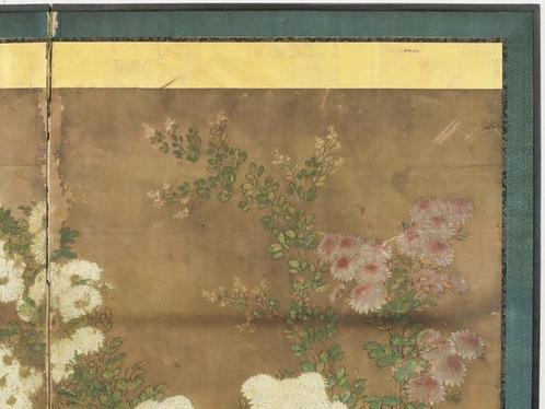 Paravent Bybu - Chrysanthèmes et clôture en bois - Japon -, Antiek en Kunst, Antiek | Overige Antiek