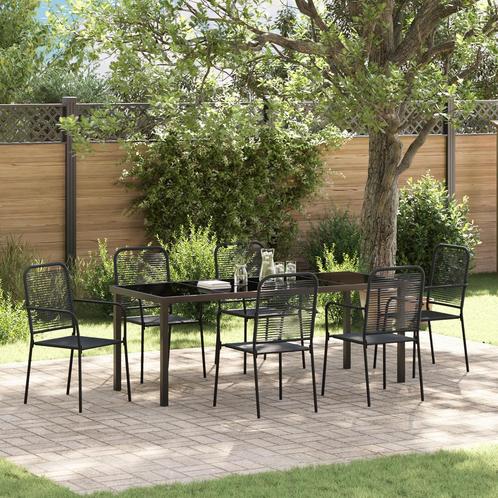 vidaXL 7-delige tuin eetset in zwart katoen en staal, Tuin en Terras, Tuinstoelen, Nieuw, Verzenden