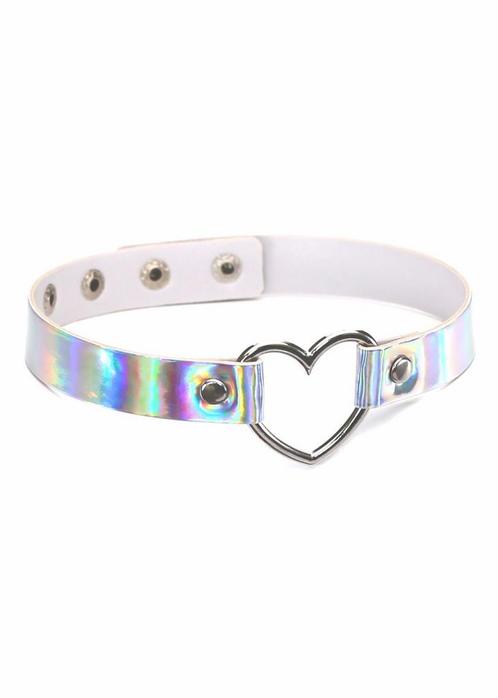 Choker Iridescent Zilver Iridescent Hartje Holografische Ket, Handtassen en Accessoires, Kettingen, Zilver, Nieuw, Ophalen of Verzenden