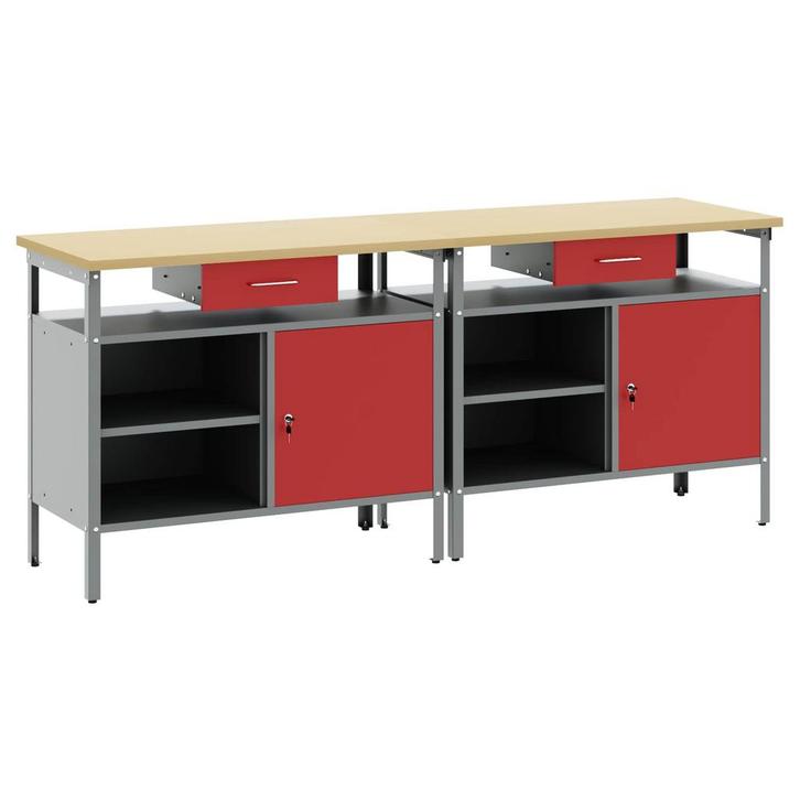 vidaXL Werkbankset met lade 2 pcs Rood en Grijs 200 x 55 x, Doe-het-zelf en Bouw, Werkbanken, Nieuw, Verzenden