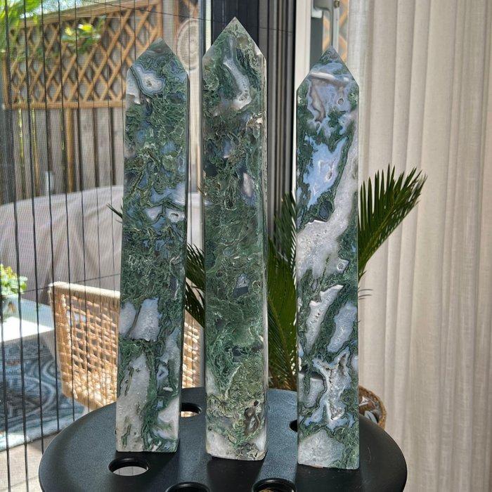 Mosagaat Fijne gepolijste grote mosagaat toren set x3 -, Verzamelen, Mineralen en Fossielen