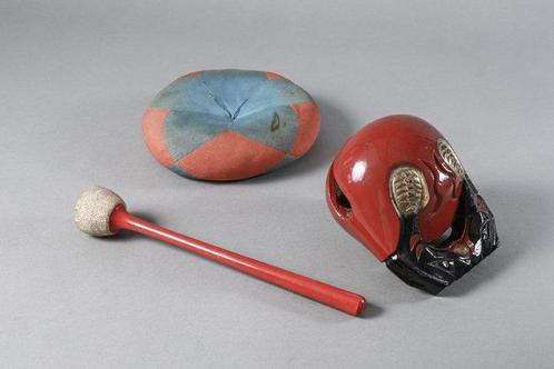 Mokugyo (Houten tempeldrum) set met slagketel en kussen, Antiek en Kunst, Antiek | Overige Antiek
