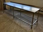 RVS Werktafel met opstand op wielen, Tafel, B305 x D90 x