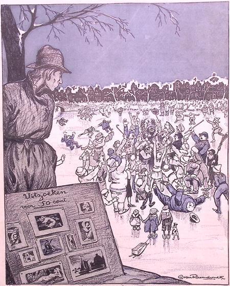 Drukke menigte op het ijs op spotprent (lijst optie), Antiek en Kunst, Kunst | Litho's en Zeefdrukken, Verzenden