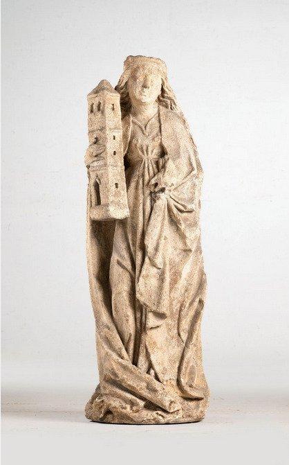 Sculpture, Sainte Barbe (97 cm.) - Pierre (pierre minérale), Antiek en Kunst, Antiek | Overige Antiek