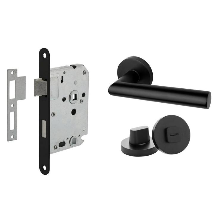 Deurbeslag set met WC-slot en deurklink Modern geveerd zwart, Doe-het-zelf en Bouw, Hang- en Sluitwerk, Klink of Kruk, Nieuw, Overige materialen