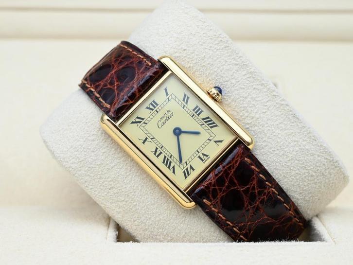 Cartier Tank Ref. 590005 Year 1996 (Box & Papers), Handtassen en Accessoires, Horloges | Heren, Leer, Zo goed als nieuw, Goud