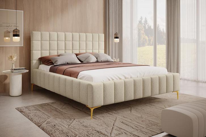 Tweepersoonsbed 180x200 beige stof gouden poten, Huis en Inrichting, Slaapkamer | Bedden, Nieuw, 180 cm, Verzenden