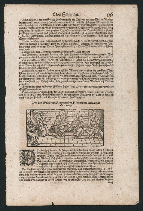 Sebastian Münster - 13 folios about Spain with numerous, Antiek en Kunst, Antiek | Boeken en Manuscripten