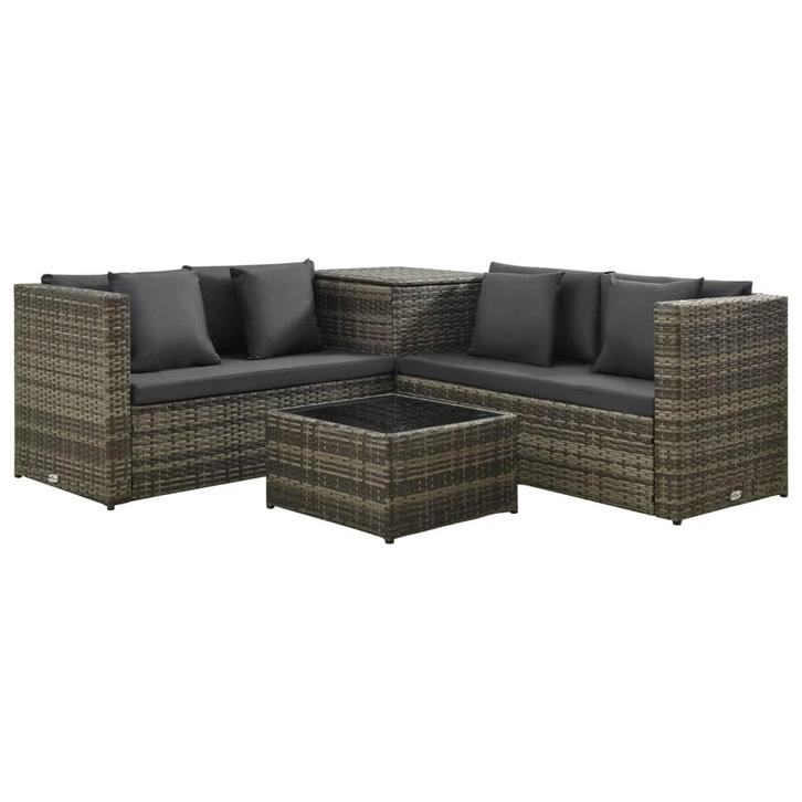 vidaXL 4-delige Loungeset met kussens poly rattan grijs, Tuin en Terras, Tuinsets en Loungesets, Loungeset, Nieuw, Verzenden