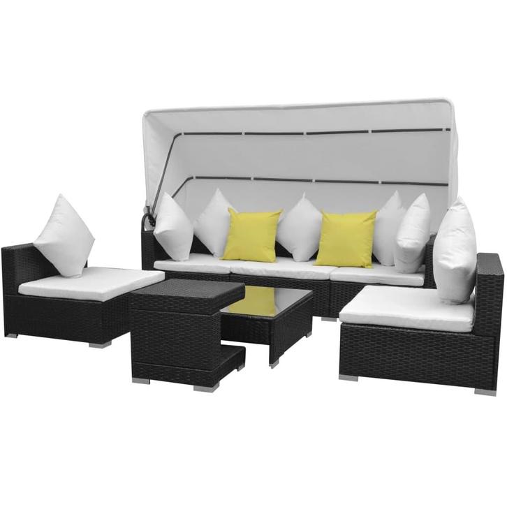 vidaXL 7-delige Loungeset met luifel poly rattan zwart, Tuin en Terras, Tuinsets en Loungesets, Loungeset, Nieuw, Verzenden
