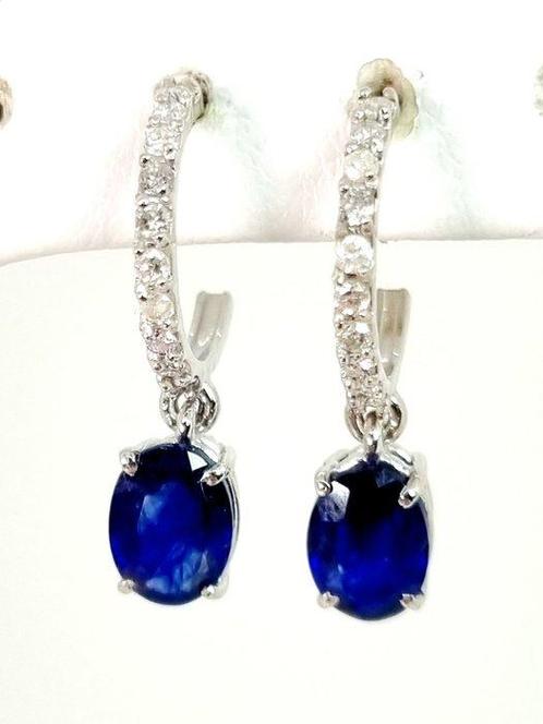 Boucles doreilles - 18 carats Or blanc Saphir - Diamant, Handtassen en Accessoires, Oorbellen