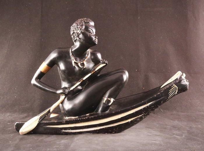 Art Deco beeld - sculptuur, Boot met Afrikaans naakt - 46 cm, Antiek en Kunst, Kunst | Designobjecten
