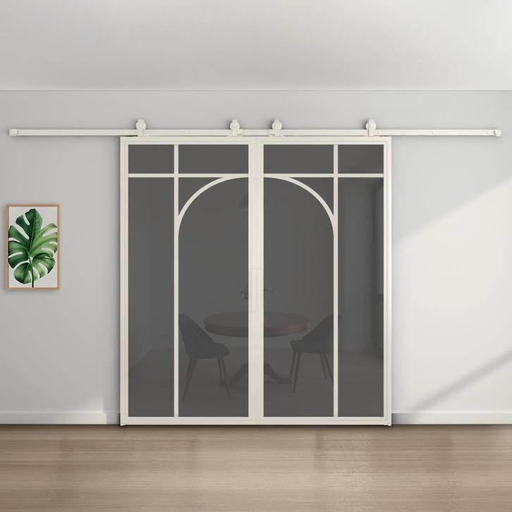 Dubbele stalen schuifdeur - Wit - 5 Vlaks rond - Rook glas, Doe-het-zelf en Bouw, Raamkozijnen en Schuifdeuren, Inclusief glas