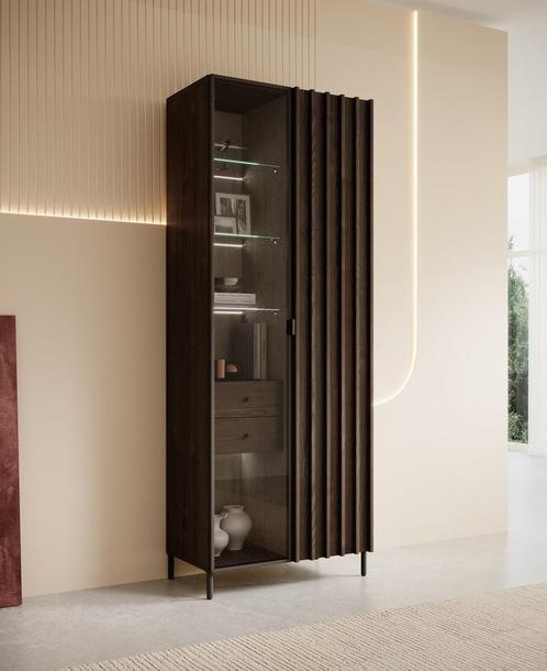Meubella Vitrinekast Paz Donkerbruin eiken 70cm, Huis en Inrichting, Kasten | Vitrinekasten, 25 tot 50 cm, Nieuw, 50 tot 100 cm