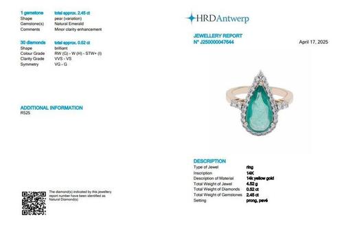 Trouwring - 14 karaat Geel goud - 2.97ct. tw. Smaragd -, Handtassen en Accessoires, Antieke sieraden