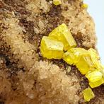 ZOLFO JAUNE avec BITUME et ARAGONITE UV, Sicile Cristaux sur