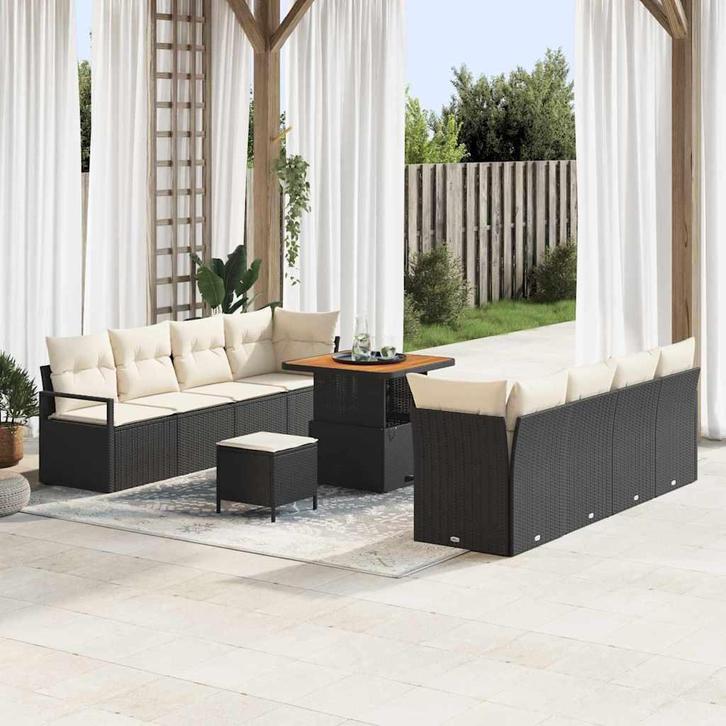 vidaXL Tuinbank Set met kussen 11 pcs Zwart Poly rattan, Tuin en Terras, Tuinsets en Loungesets, Nieuw, Verzenden