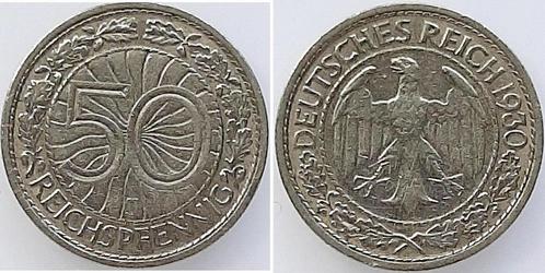 Duitsland 50 Reichspfennig 1930j ss/vz, Timbres & Monnaies, Monnaies | Europe | Monnaies non-euro, Envoi