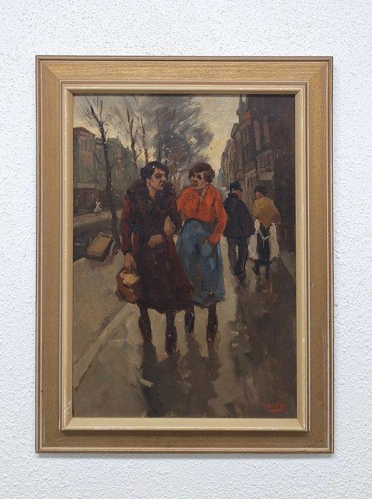 Cor Noltee (1903-1967) - Wandelende dames aan de gracht, Antiquités & Art, Art | Peinture | Classique