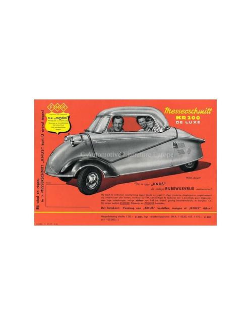1959 MESSERSCHMITT KR 200 DELUXE BROCHURE NEDERLANDS, Boeken, Auto's | Folders en Tijdschriften, Ophalen of Verzenden